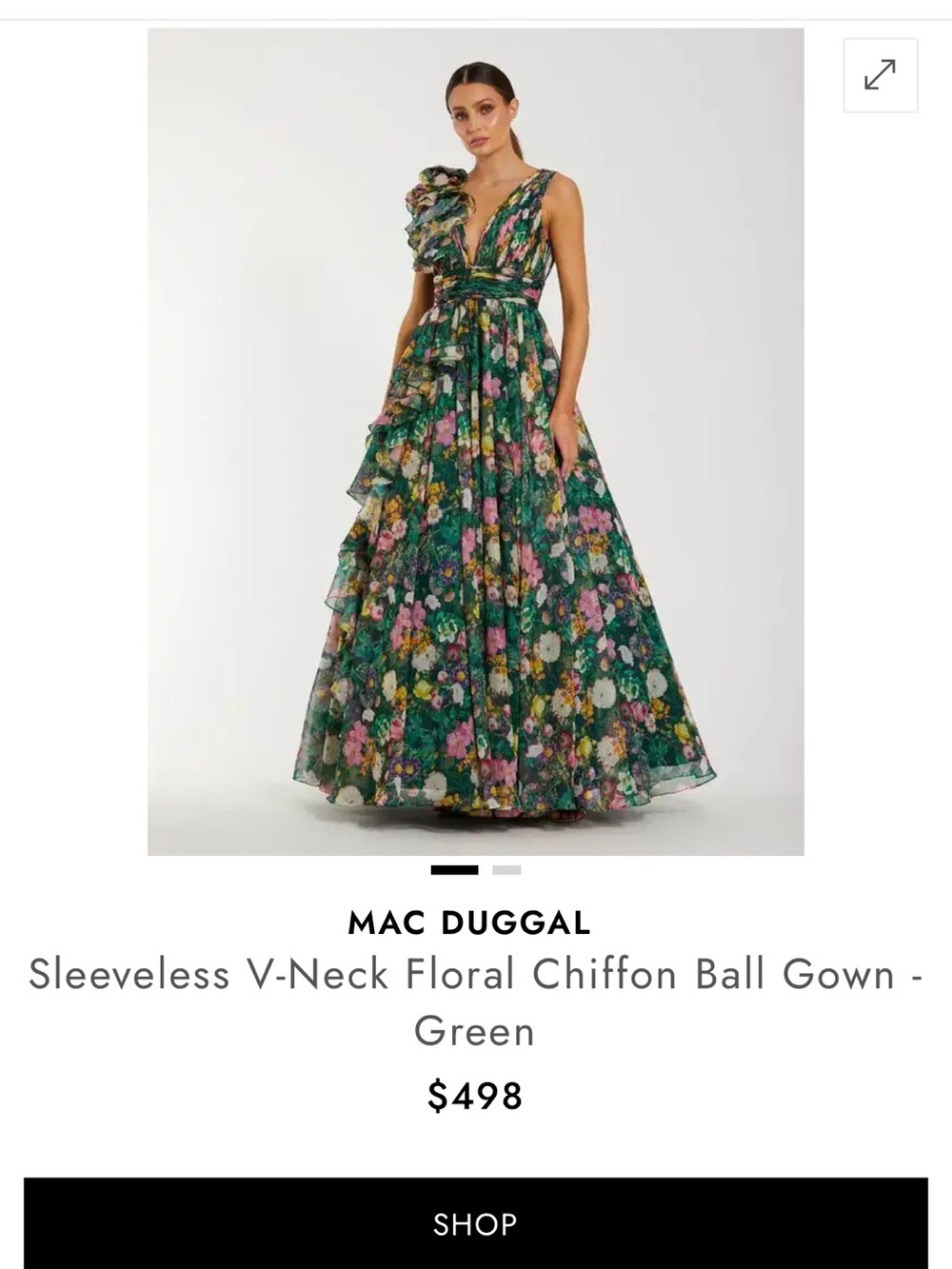 Mac Duggal Green Floral V-Neck Chiffon Gown with Ruffle Shoulder